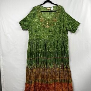 Soft Focus Midi Dress Womens 24W Crinkle Rayon Beaded Green Boho Hippie